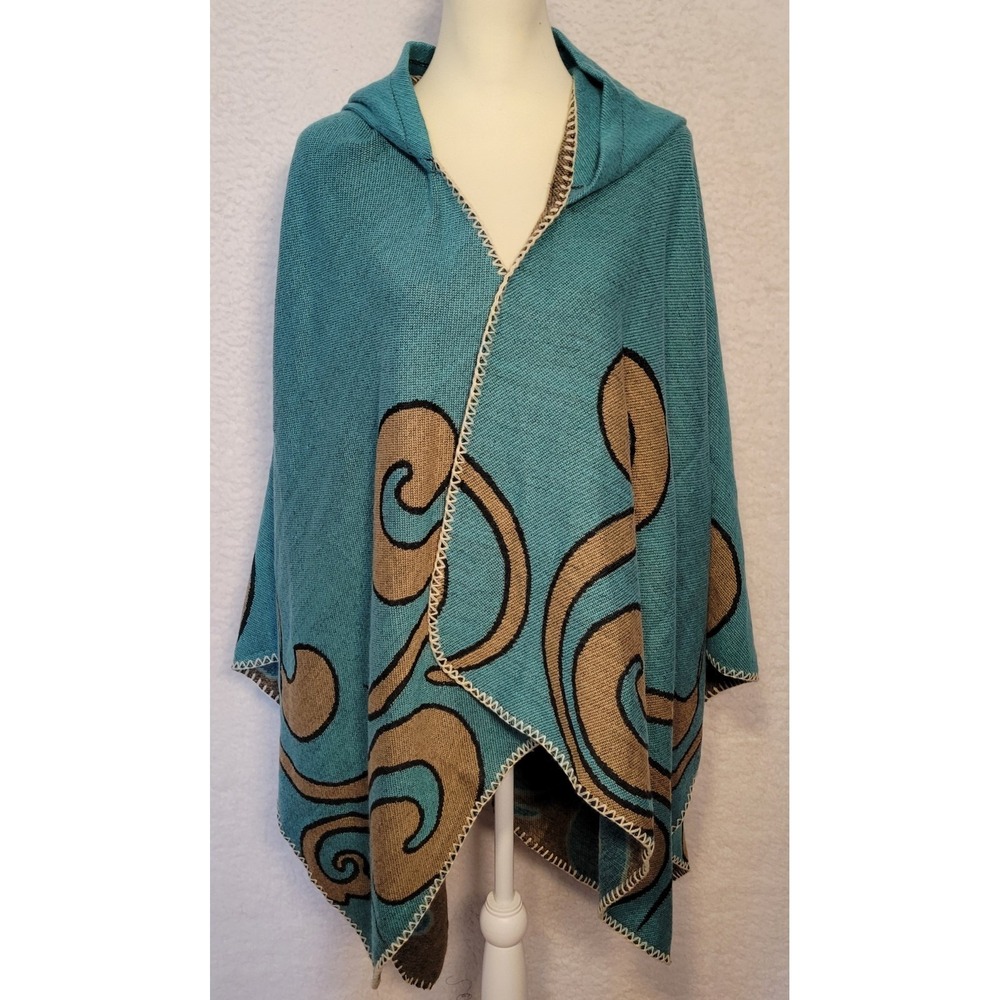 Womens Hooded Poncho Turquoise Tan Shawl Wrap One Size Lightweight 1343